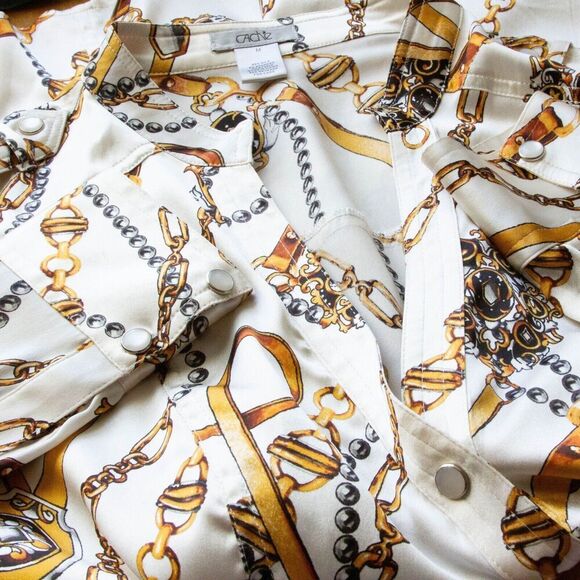 Cache Vgt Y2K 90s Button Up Equestrian Scarf Western Silk Shirt V-Neck Size M - Picture 7 of 9